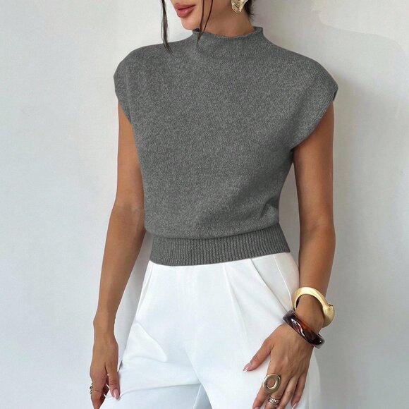 Dark Grey Women's Casual Elegant High Neck Sleeveless Knit Sweater Vest - Picture 4 of 7